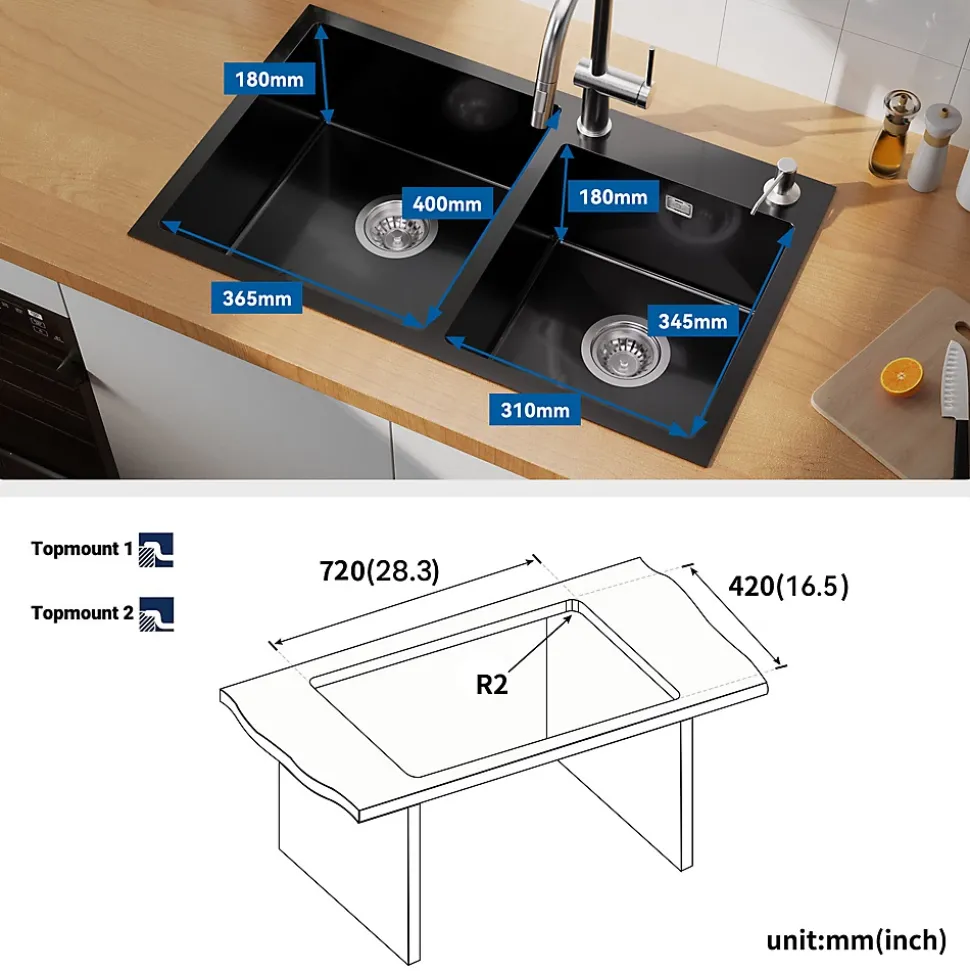 Évier de Cuisine inox 75 x 45 cm, Auralum MAX Évier 2 Bacs, Lavabo Cuisine Montage Encastré ou Supérieur, Évier carré