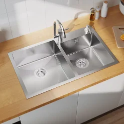 Évier de Cuisine inox 75 x 45 cm, Auralum MAX Évier 2 Bacs, Lavabo Cuisine Montage Encastré ou Supérieur, Évier carré