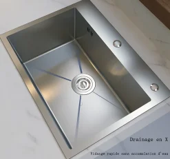 Évier de Cuisine Inox Argent Carré 44x44x20cm 1 bac avec Vidage rapide et haut débit