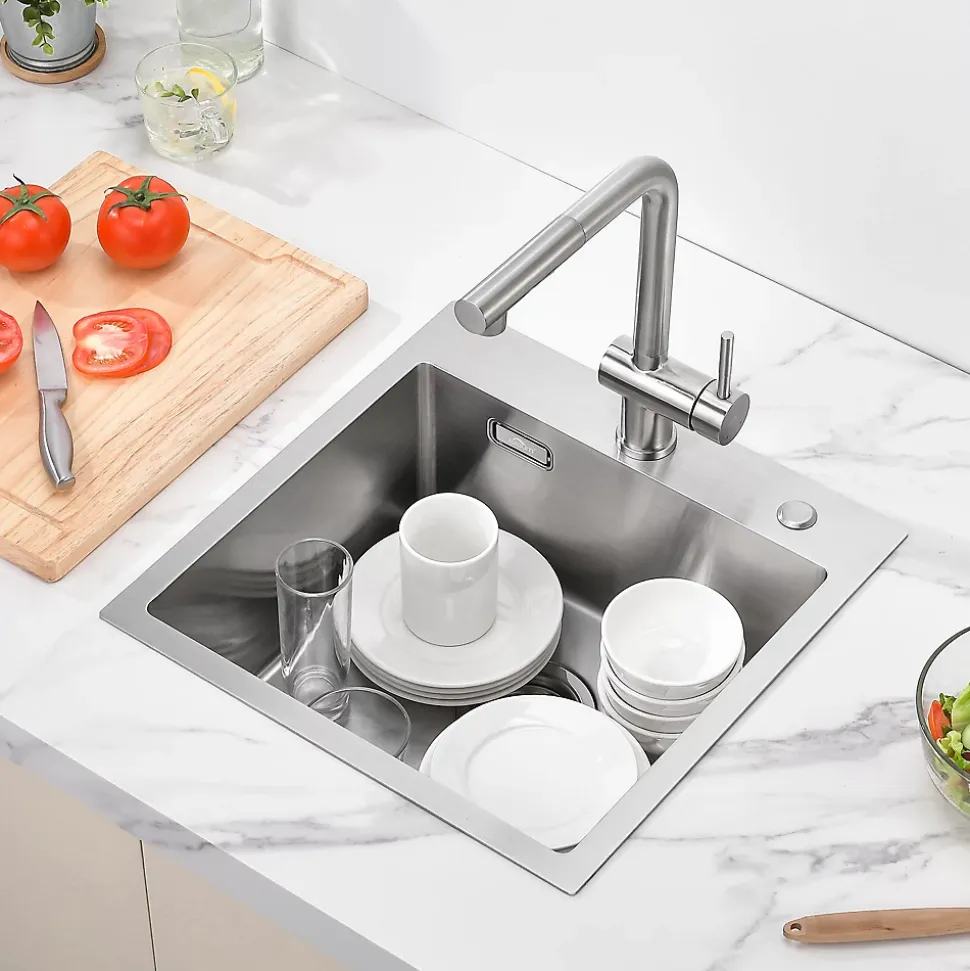 Évier de Cuisine inox brossé 45 x 45 cm, Auralum MAX Évier 1 Bac, Lavabo Cuisine Montage Encastré ou Supérieur, Évier carré