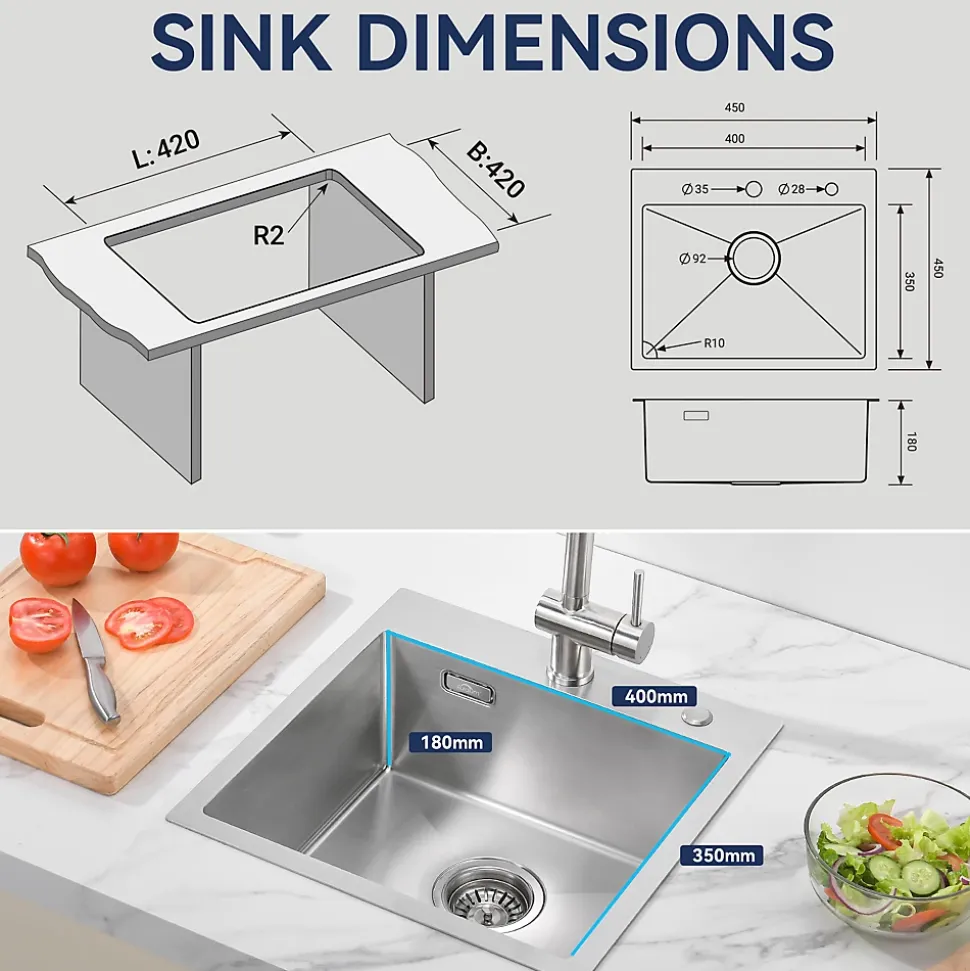 Évier de Cuisine inox brossé 45 x 45 cm, Auralum MAX Évier 1 Bac, Lavabo Cuisine Montage Encastré ou Supérieur, Évier carré