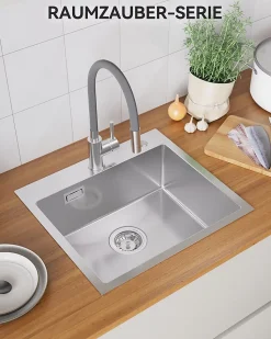 Évier de Cuisine inox brossé 50 x 45 cm, SOFETIY MAX Évier 1 Bac, Lavabo Cuisine Montage Encastré ou Supérieur, Évier carré