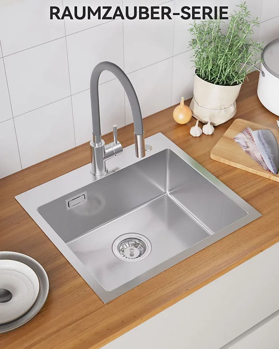 Évier de Cuisine inox brossé 50 x 45 cm, SOFETIY MAX Évier 1 Bac, Lavabo Cuisine Montage Encastré ou Supérieur, Évier carré