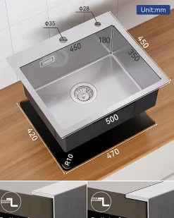 Évier de Cuisine inox brossé 50 x 45 cm, SOFETIY MAX Évier 1 Bac, Lavabo Cuisine Montage Encastré ou Supérieur, Évier carré