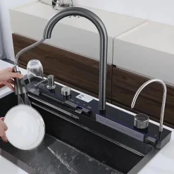Évier de cuisine intégré en acier inoxydable SS 304 Kleenmac avec robinet à affichage numérique Smart Rainfall 75 46 22 cm