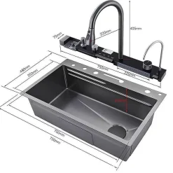 Évier de cuisine intégré en acier inoxydable SS 304 Kleenmac avec robinet à affichage numérique Smart Rainfall 75 46 22 cm
