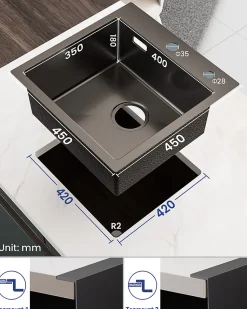 Évier de Cuisine Noir 45 x 45 cm, SOFETIY MAX Évier en inox brossé, Évier 1 Bac, Lavabo Cuisine Montage Encastré ou Supérieur