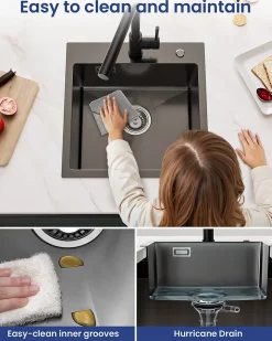 Évier de Cuisine Noir 45 x 45 cm, SOFETIY MAX Évier en inox brossé, Évier 1 Bac, Lavabo Cuisine Montage Encastré ou Supérieur