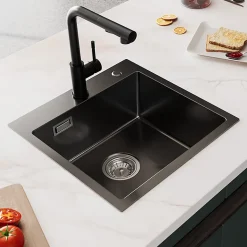 Évier de Cuisine Noir 45 x 45 cm, SOFETIY MAX Évier en inox brossé, Évier 1 Bac, Lavabo Cuisine Montage Encastré ou Supérieur