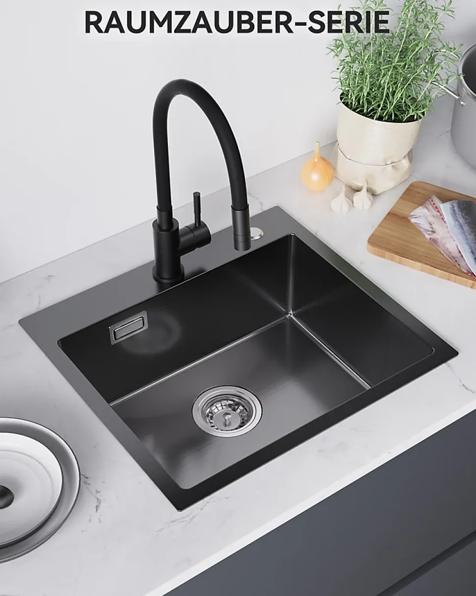 Évier de Cuisine Noir 50 x 45 cm, SOFETIY MAX Évier en inox brossé, Évier 1 Bac, Lavabo Cuisine Montage Encastré ou Supérieur