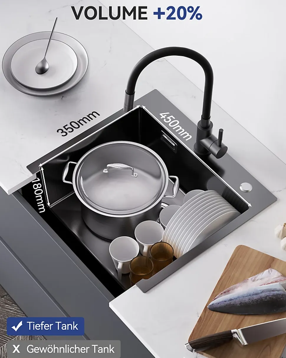 Évier de Cuisine Noir 50 x 45 cm, SOFETIY MAX Évier en inox brossé, Évier 1 Bac, Lavabo Cuisine Montage Encastré ou Supérieur