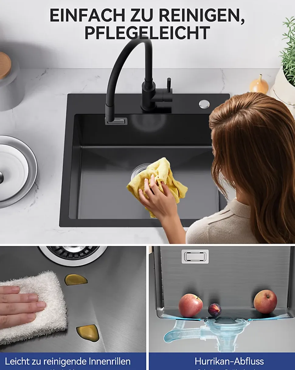 Évier de Cuisine Noir 50 x 45 cm, SOFETIY MAX Évier en inox brossé, Évier 1 Bac, Lavabo Cuisine Montage Encastré ou Supérieur