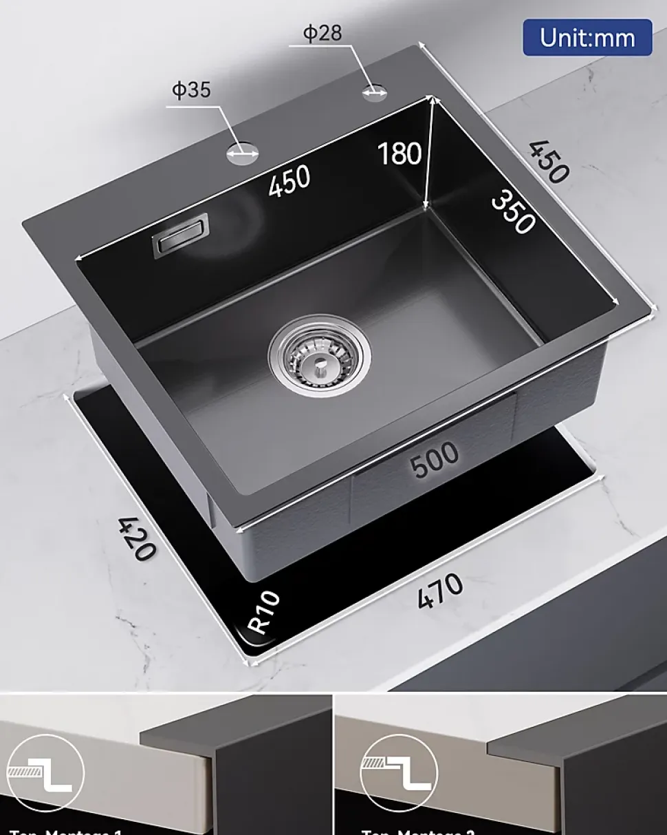 Évier de Cuisine Noir 50 x 45 cm, SOFETIY MAX Évier en inox brossé, Évier 1 Bac, Lavabo Cuisine Montage Encastré ou Supérieur