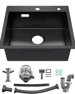 Évier de Cuisine Noir 50 x 45 cm, SOFETIY MAX Évier en inox brossé, Évier 1 Bac, Lavabo Cuisine Montage Encastré ou Supérieur