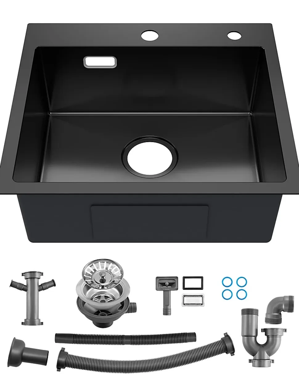 Évier de Cuisine Noir 50 x 45 cm, SOFETIY MAX Évier en inox brossé, Évier 1 Bac, Lavabo Cuisine Montage Encastré ou Supérieur