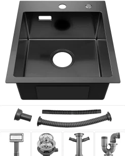 Évier de Cuisine Noir 40 x 45 cm, SOFETIY MAX Évier en inox brossé, Évier 1 Bac, Lavabo Cuisine Montage Encastré ou Supérieur