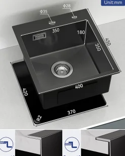 Évier de Cuisine Noir 40 x 45 cm, SOFETIY MAX Évier en inox brossé, Évier 1 Bac, Lavabo Cuisine Montage Encastré ou Supérieur