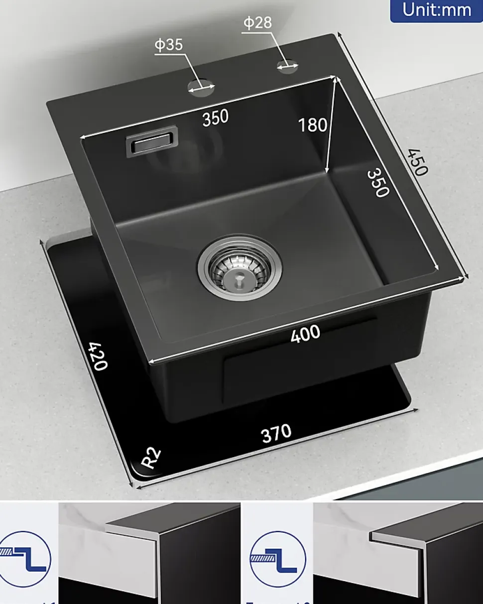 Évier de Cuisine Noir 40 x 45 cm, SOFETIY MAX Évier en inox brossé, Évier 1 Bac, Lavabo Cuisine Montage Encastré ou Supérieur