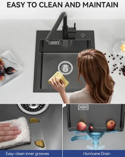Évier de Cuisine Noir 40 x 45 cm, SOFETIY MAX Évier en inox brossé, Évier 1 Bac, Lavabo Cuisine Montage Encastré ou Supérieur