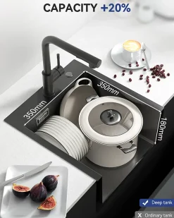 Évier de Cuisine Noir 40 x 45 cm, SOFETIY MAX Évier en inox brossé, Évier 1 Bac, Lavabo Cuisine Montage Encastré ou Supérieur