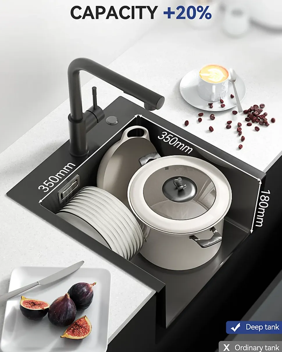 Évier de Cuisine Noir 40 x 45 cm, SOFETIY MAX Évier en inox brossé, Évier 1 Bac, Lavabo Cuisine Montage Encastré ou Supérieur