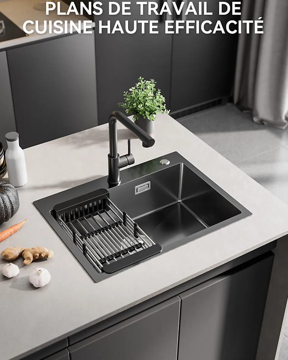 Évier de Cuisine Noir 60 x 45 cm, SOFETIY MAX Évier en Inox Brossé, Évier 1 Bac avec Panier de Drainage , Évier à Encastrer