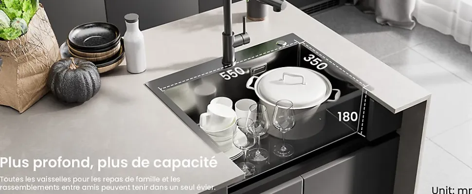 Évier de Cuisine Noir 60 x 45 cm, SOFETIY MAX Évier en Inox Brossé, Évier 1 Bac avec Panier de Drainage , Évier à Encastrer