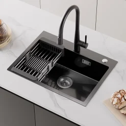 Évier de Cuisine Noir 60 x 45 cm, SOFETIY MAX Évier en Inox Brossé, Évier 1 Bac avec Panier de Drainage , Évier à Encastrer