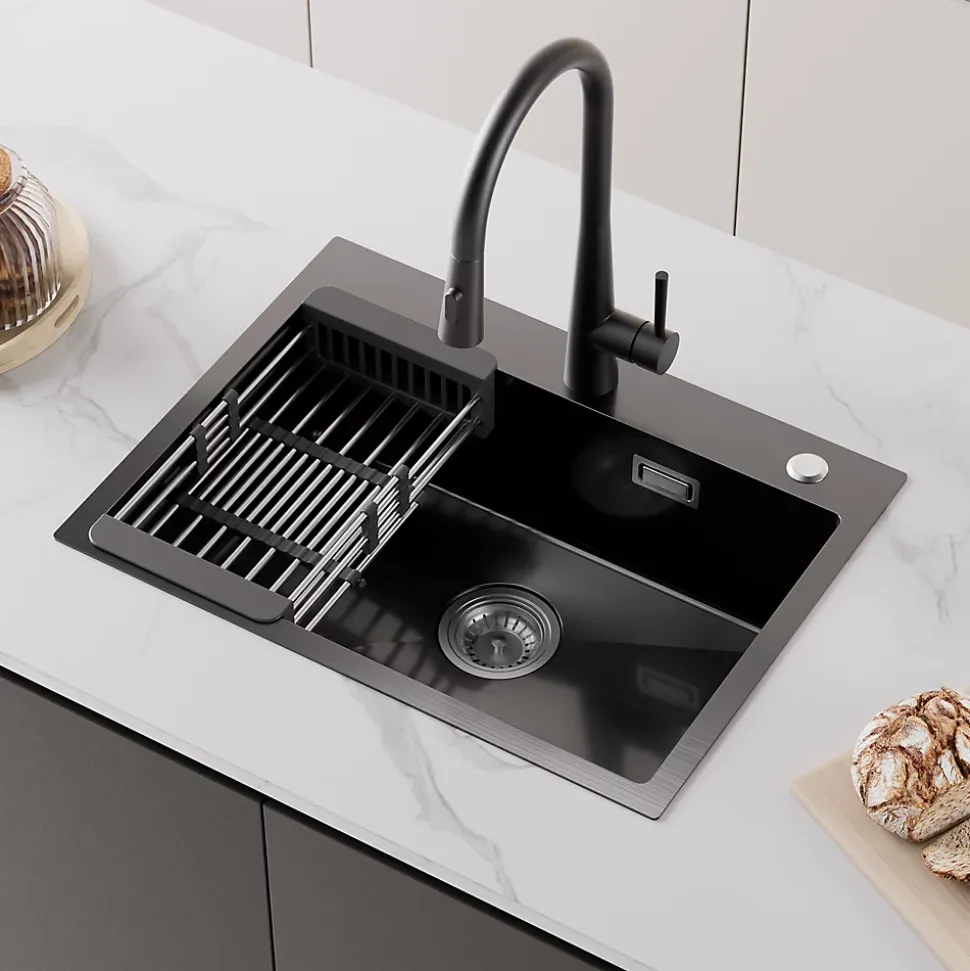 Évier de Cuisine Noir 60 x 45 cm, SOFETIY MAX Évier en Inox Brossé, Évier 1 Bac avec Panier de Drainage , Évier à Encastrer