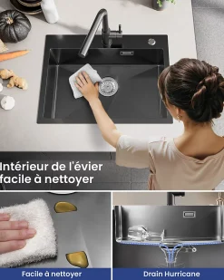 Évier de Cuisine Noir 60 x 45 cm, SOFETIY MAX Évier en Inox Brossé, Évier 1 Bac avec Panier de Drainage , Évier à Encastrer