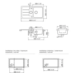 Évier de cuisine réversible à encastrer 1,5 bacs avec égouttoir Arber, en granit noir