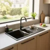Évier en composite de quartz noir 1,5 bacs à encastrer Galvani