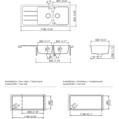Évier en composite de quartz blanc 2 bacs à encastrer Arber