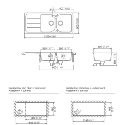 Évier en composite de quartz noir 2 bacs à encastrer Arber