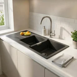 Évier en composite de quartz gris 2 bacs à encastrer Galvani