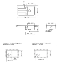 Évier en composite de quartz blanc 1 bac à encastrer Arber