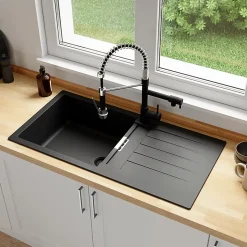Évier en composite de quartz noir 1 bac + égouttoir Cooke & Lewis Galvani