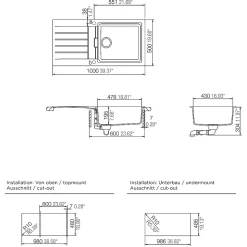 Évier en composite de quartz noir 1 bac + égouttoir Cooke & Lewis Galvani