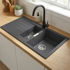 Évier en composite de quartz gris 1,5 bacs à encastrer Galvani