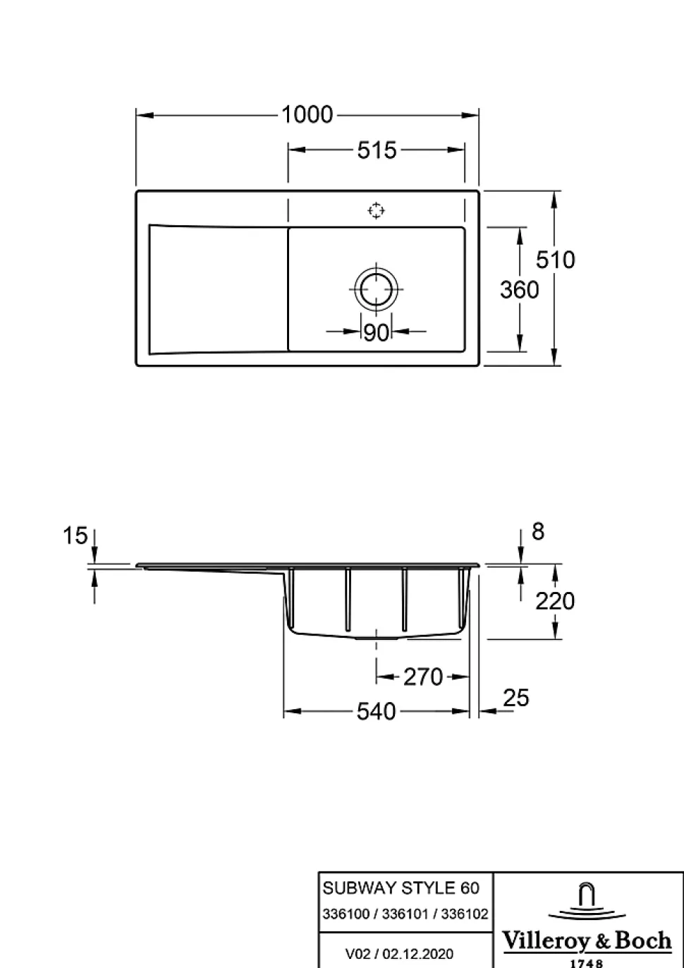 Évier en céramique 1 cuve à droite à encastrer Villeroy & Boch Subway Style blanc mat