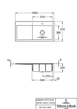 Évier en céramique 1 cuve à droite à encastrer Villeroy & Boch Subway Style blanc brillant