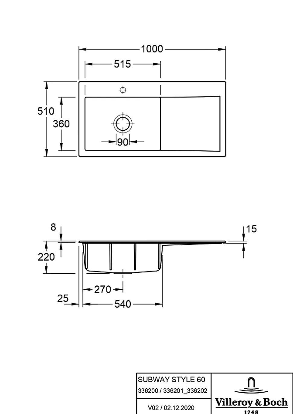 Évier en céramique 1 cuve à gauche à encastrer Villeroy & Boch Subway Style blanc brillant