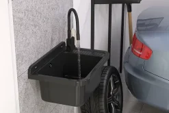 Évier en Granit Noir pour Garage, Buanderie, Chaufferie avec Siphon et Robinet - 1 set