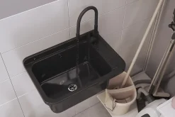 Évier en Granit Noir pour Garage, Buanderie, Chaufferie avec Siphon et Robinet - 1 set