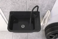 Évier en Granit Noir pour Garage, Buanderie, Chaufferie avec Siphon et Robinet - 1 set