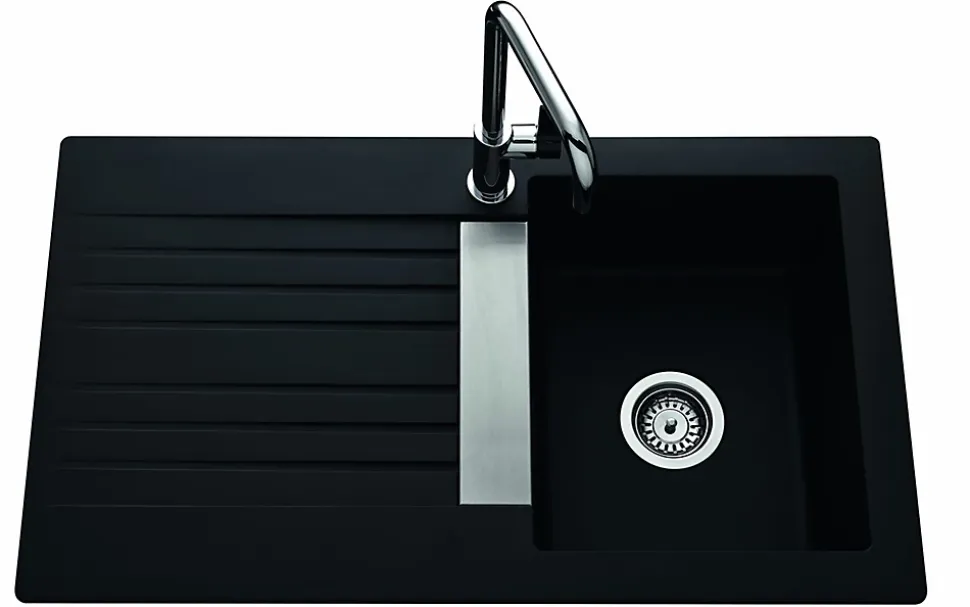 Évier en Naturalite à encastrer,1 bac, 1 égouttoir - TREVISE - Dimensions: 860x500 mm - Profondeur: 195 mm - NOIR