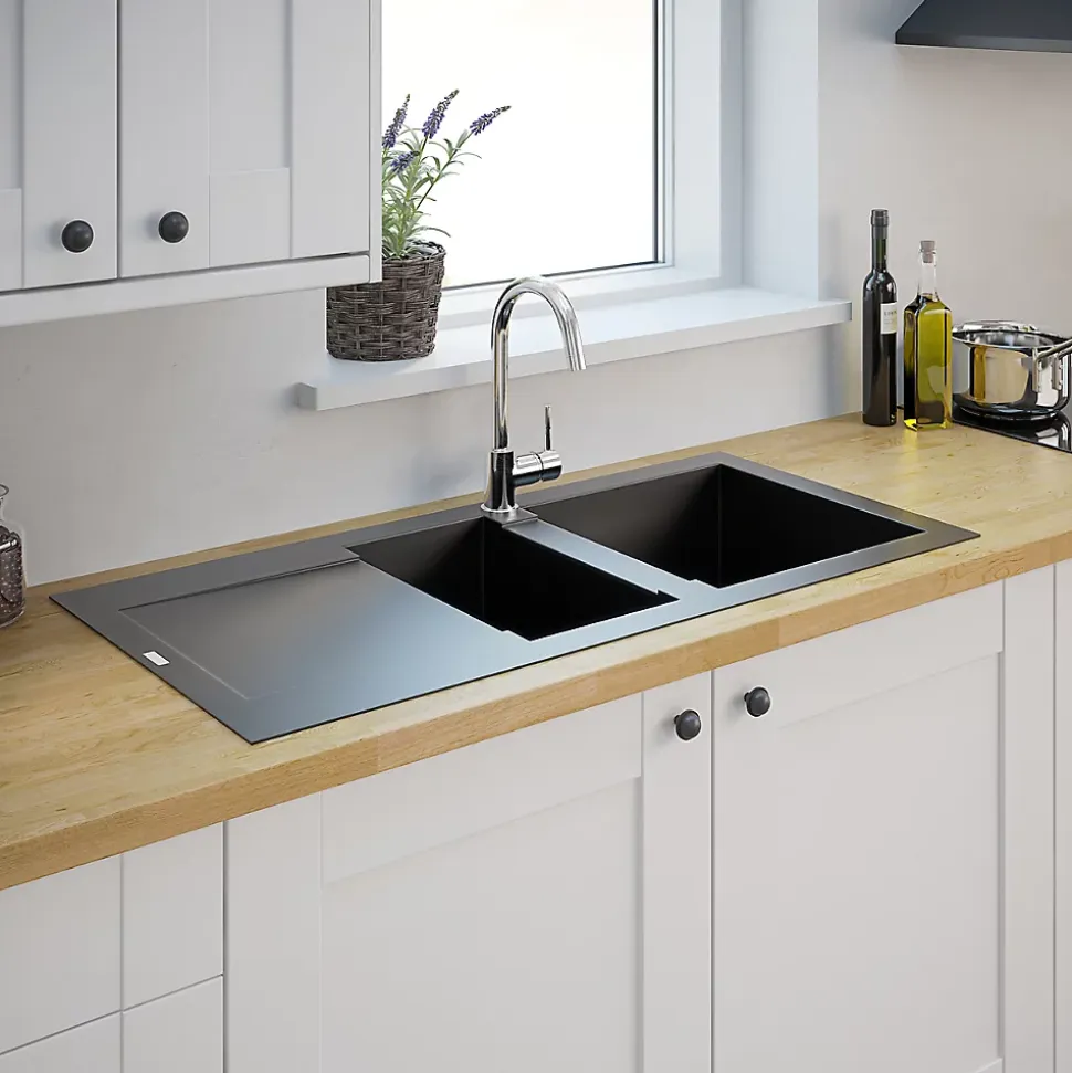 Évier en résine noire 2 bacs à encastrer Lavoisier L. 95,5 cm