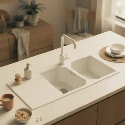 Évier granit blanc Schock MANHATTAN 2 bacs 1 égouttoir