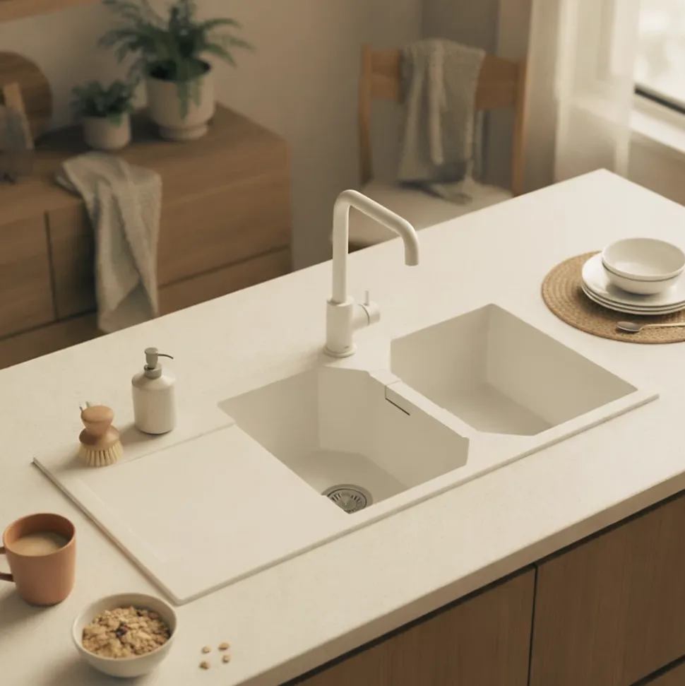 Évier granit blanc Schock MANHATTAN 2 bacs 1 égouttoir