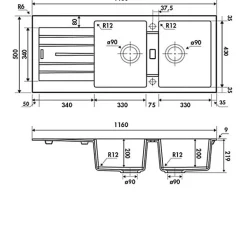 Évier granit gris ALBEY 2 bacs 1 égouttoir